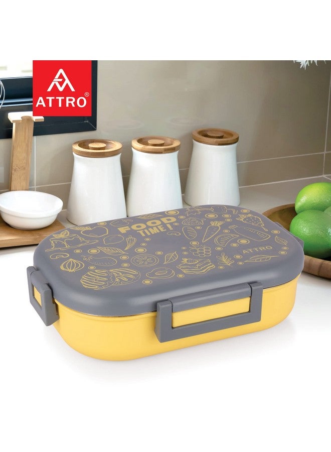 Attro Food Time Stainless Steel Lunch Box, Airtight & Leak Proof - 2 Containers with Spoon (Big 750 Ml & Small 250 Ml) for Office Use, School, Picnic - Grey & Yellow - Image 4