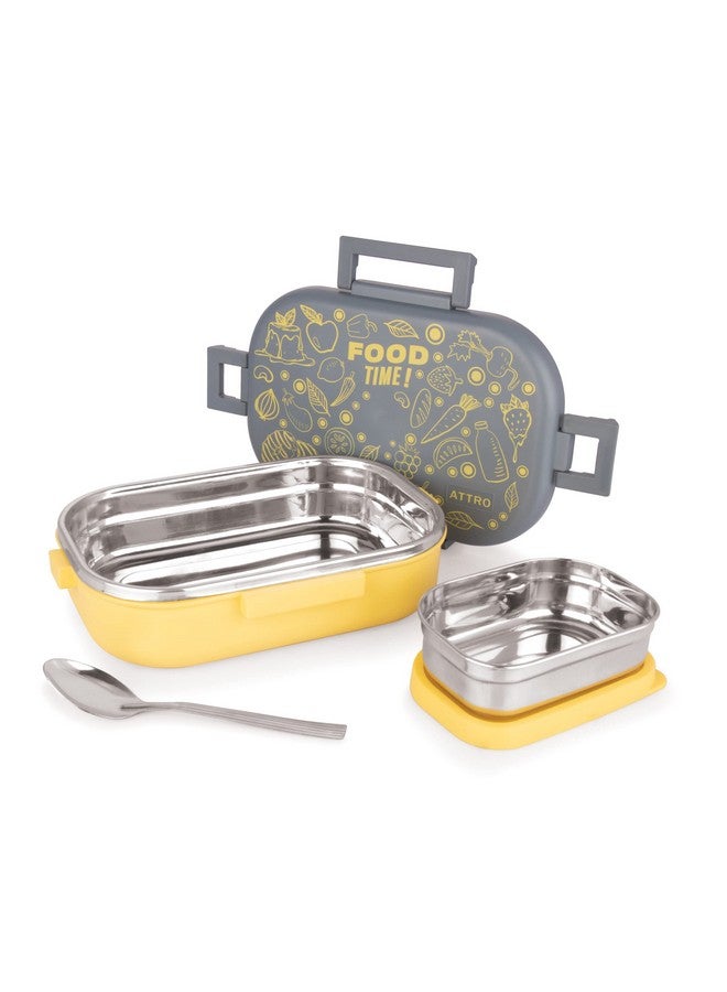 Attro Food Time Stainless Steel Lunch Box, Airtight & Leak Proof - 2 Containers with Spoon (Big 750 Ml & Small 250 Ml) for Office Use, School, Picnic - Grey & Yellow - Image 1