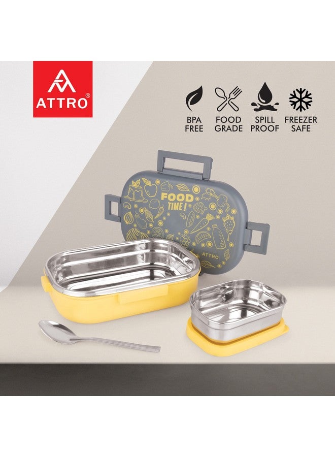 Attro Food Time Stainless Steel Lunch Box, Airtight & Leak Proof - 2 Containers with Spoon (Big 750 Ml & Small 250 Ml) for Office Use, School, Picnic - Grey & Yellow - Image 2