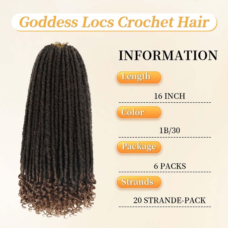 MODERN QUEEN Goddess Locs Crochet Hair 6 Packs, 16 Inch Straight Faux Locs Crochet Braids, Pre-Looped Curly Soft Synthetic Ombre Braiding Hair Extensions for Black Women(16 Inch, 6 Packs, 1B/30#) - Image 2