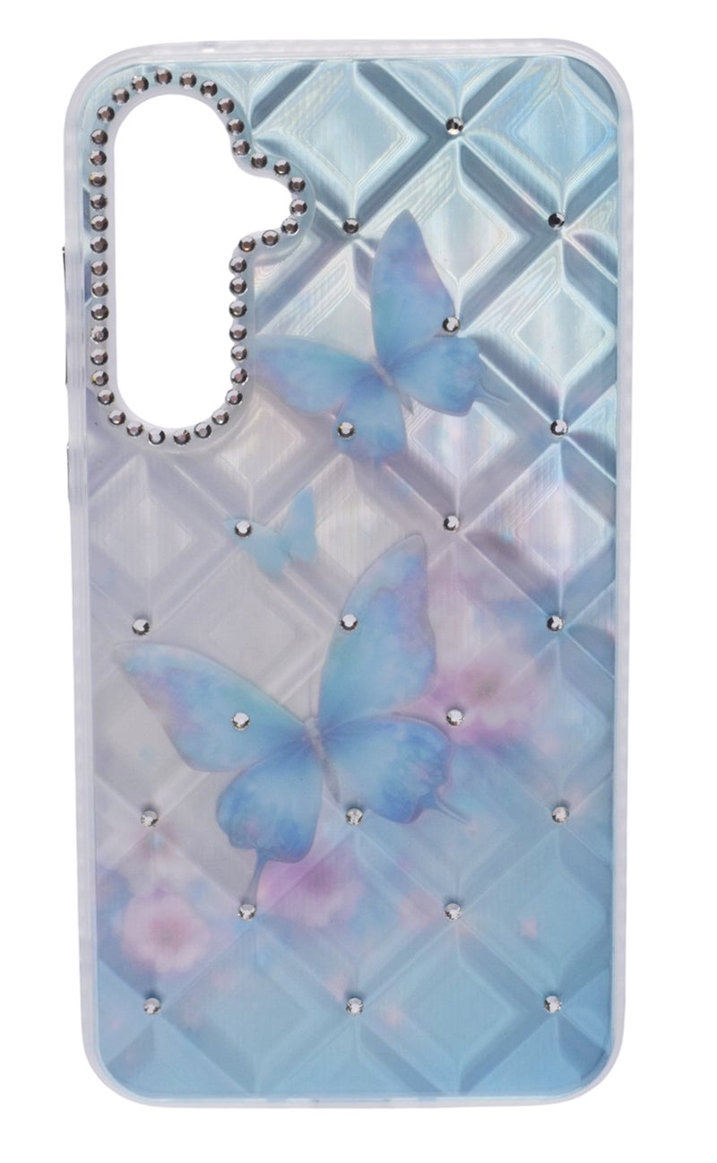 TPU Butterflies Printed Back Cover Case with Rhinestone Camera Border For Samsung A35 - Light Blue Transparent