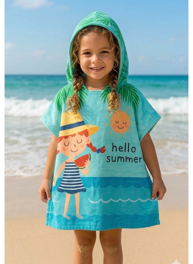 kids poncho towel hello summer for girls - Image 1