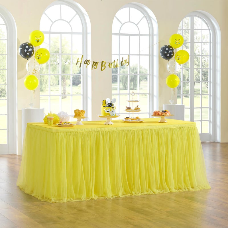 NSSONBEN 108in Yellow Tulle Table Skirts for Rectabgle Tables 684ft 2Layer Gold Grim Ruffle Tulle Tutu Cloth Table Skirt 9ft Decor Bee Themed Birthday Party Wedding Baby Shower Cake DessertNo Table Cover
