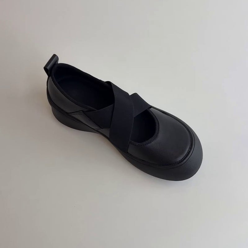 Soft Leather Version ~ Thick Bottom Sports Cross Belt Mary Jane Small Leather Shoes Round Toe Ballet Shoes Women'S Shallow Mouth Retro Single Shoes - Image 1