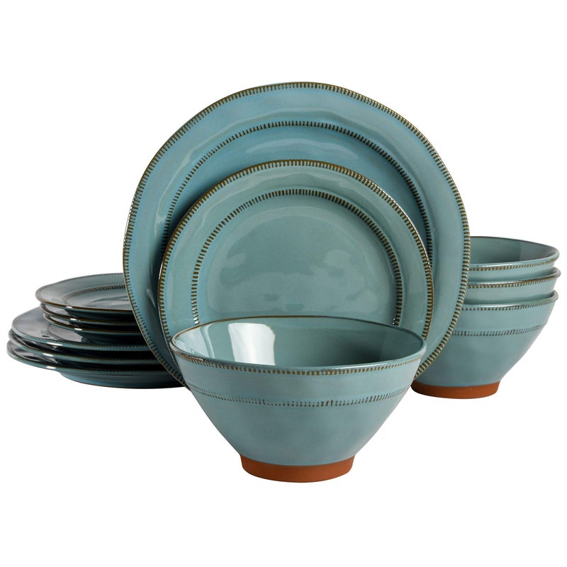 Gibson Elite Terranea Round Reactive Glaze Terra Cotta Dinnerware Set Service for Four 12pcs Teal