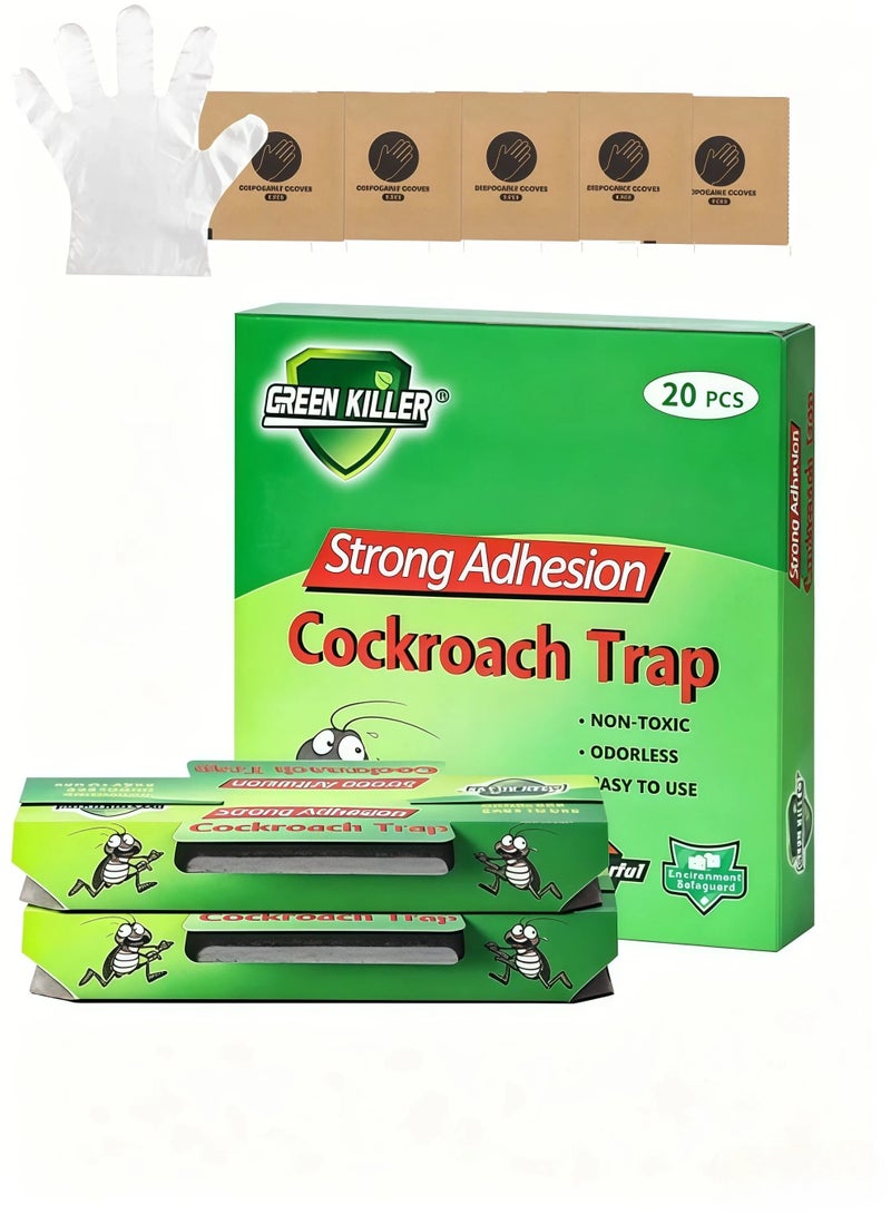 GREEN KILLER 20 Roach Traps Killer,  With 5 Pairs of Disposable Gloves,Crawling Insect Bug Spider Cricket Ant Bait Trap Indoor infestation, Adhesvie Sticky Glue Trap Cockroach Home, Roach Traps, Roach Motel, for House Garage, Pet Safe Pest  Control - Image 1