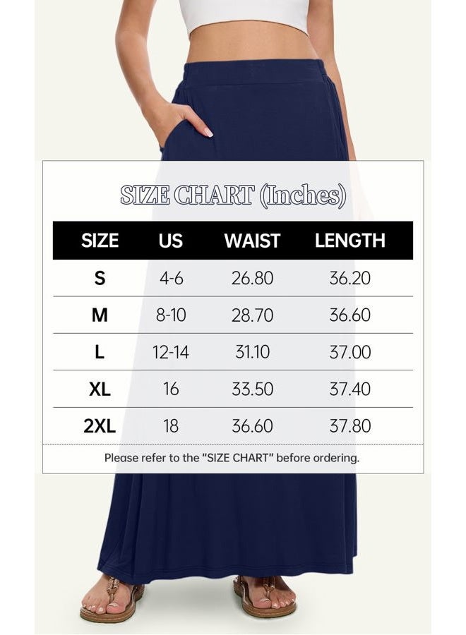 Leafsay Womens Maxi A-line Long Summer Skirt Elastic High Waist Flowy Skirt with Pockets, Navy Blue, XL - Image 4