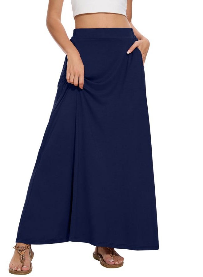 Leafsay Womens Maxi A-line Long Summer Skirt Elastic High Waist Flowy Skirt with Pockets, Navy Blue, XL - Image 2