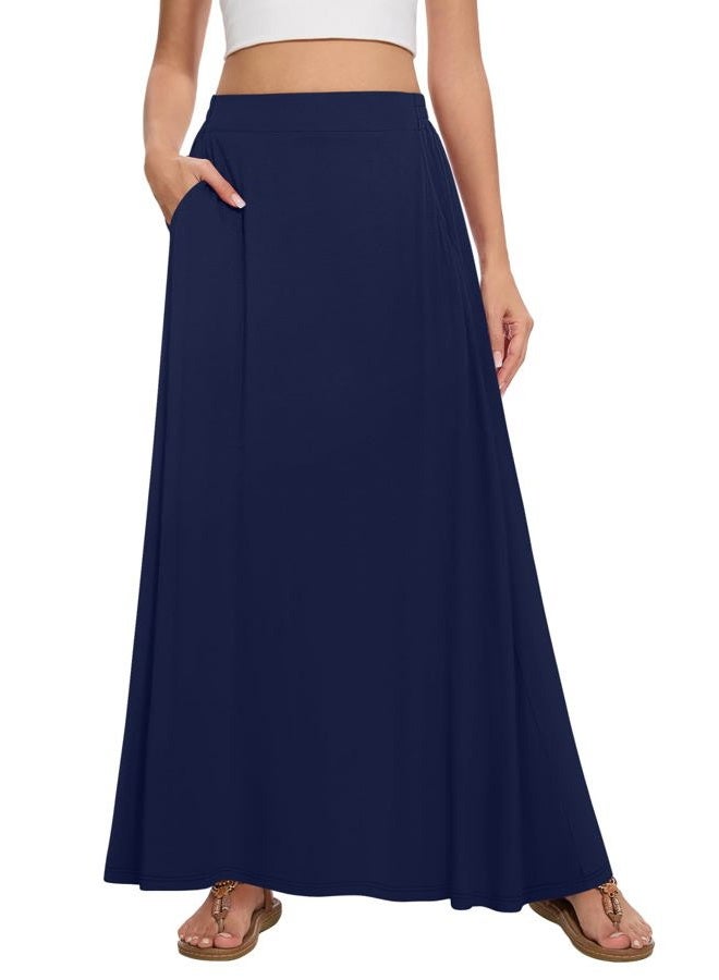 Leafsay Womens Maxi A-line Long Summer Skirt Elastic High Waist Flowy Skirt with Pockets, Navy Blue, XL - Image 1