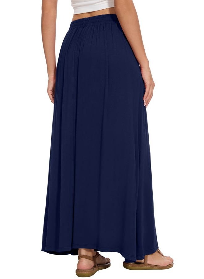 Leafsay Womens Maxi A-line Long Summer Skirt Elastic High Waist Flowy Skirt with Pockets, Navy Blue, XL - Image 3