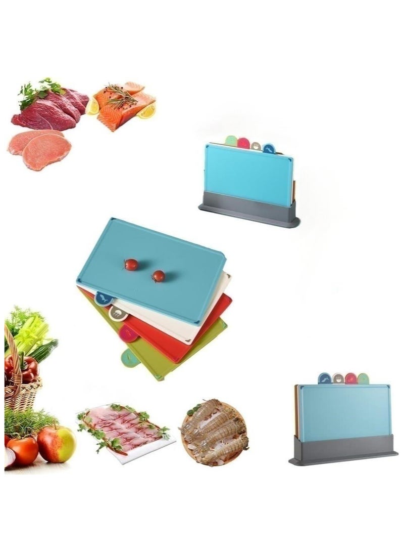 Cutting Boards, 4pcs Chopping Board Kit with Drainage Holder Stand and Easy Gripped Handle Color Marked Cutting Boards Non slip Durable Kitchen Food Cutting Mats Set for Meat Fruit Vegetable Fish - Image 1