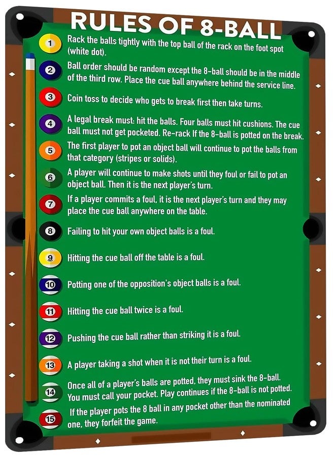 HYBLOM Classic Game Room Wall Art Tin Poster for Billiards Lovers - Vintage Rules Of 8-Ball Metal Sign, Retro Club, Billiards Room & Man Cave Decor 8x12 Inches - Image 1
