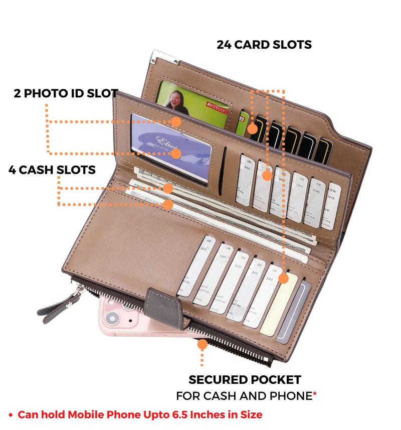 Elios Women 24 Card Slots Large Capacity PU Leather Clutch Wallet Card Phone Holder Organizer Ladies Purse (Black) - Image 4