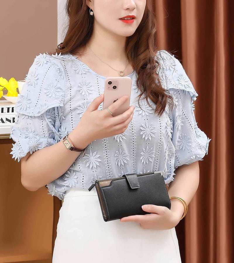 Elios Women 24 Card Slots Large Capacity PU Leather Clutch Wallet Card Phone Holder Organizer Ladies Purse (Black) - Image 2