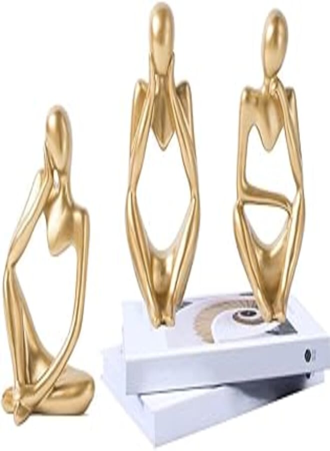 3 Pcs Gold Thinker Statue Sculpture Home Decor, Resin Abstract Art Golden Figurines, Mini Boho Tiny Accents for Modern Living Room Office Book Shelf Coffee Table Decoration Set of 3