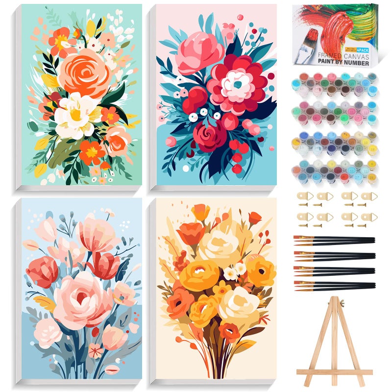 Offito 4 Pack Framed Paint by Numbers Kit for Adults Beginners with Wooden Easel, Flowers Easy Paint by Number Kit with Frame, Watercolor Adult Paint by Number Framed Canvas (8 * 12 Inch) - Image 1