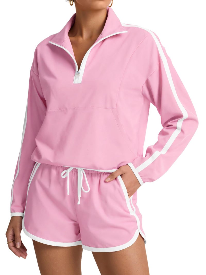 Fisoew Womens 2 Piece Outfits Sets Half Zip V Neck Long Sleeve Pullover Tops Shorts Casual Tennis Running Tracksuits - Image 1