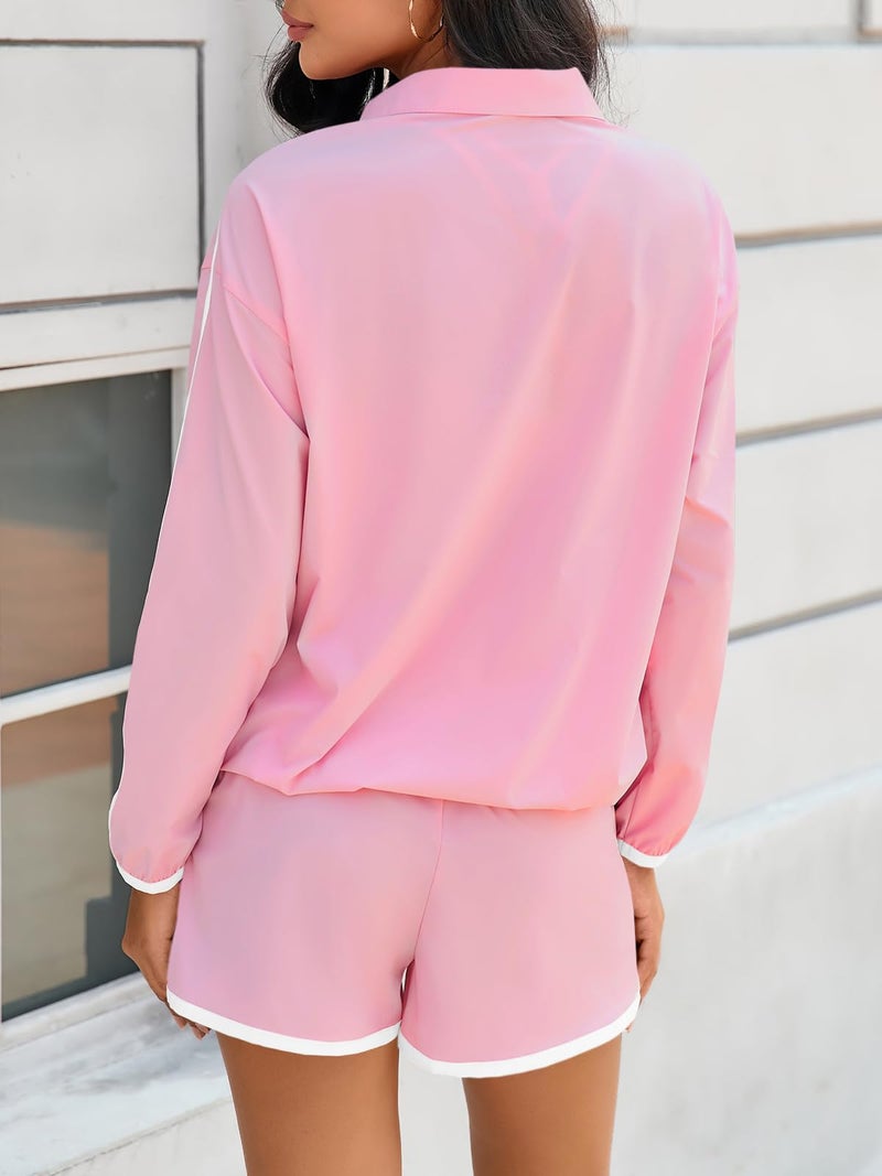 Fisoew Womens 2 Piece Outfits Sets Half Zip V Neck Long Sleeve Pullover Tops Shorts Casual Tennis Running Tracksuits - Image 4