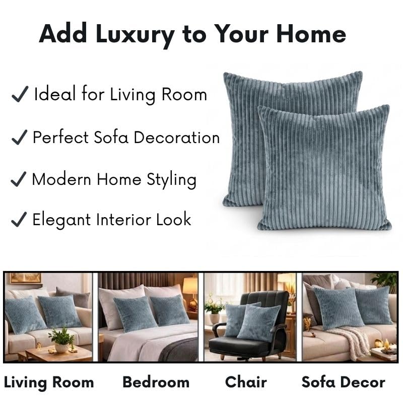 RD TREND® Cushion Cover Set of 5, Decorative Sofa Living Room Home Square Cushion Covers 24 Inch x 24 Inch, Aesthetic Corduroy Striped Double Sided (Grey,Pack of 5) - Image 3