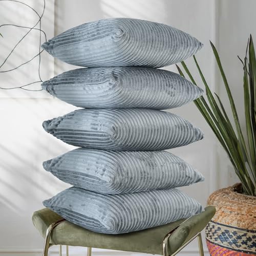 RD TREND® Cushion Cover Set of 5, Decorative Sofa Living Room Home Square Cushion Covers 24 Inch x 24 Inch, Aesthetic Corduroy Striped Double Sided (Grey,Pack of 5) - Image 1