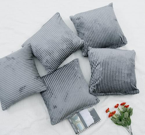 RD TREND® Cushion Cover Set of 5, Decorative Sofa Living Room Home Square Cushion Covers 24 Inch x 24 Inch, Aesthetic Corduroy Striped Double Sided (Grey,Pack of 5) - Image 5