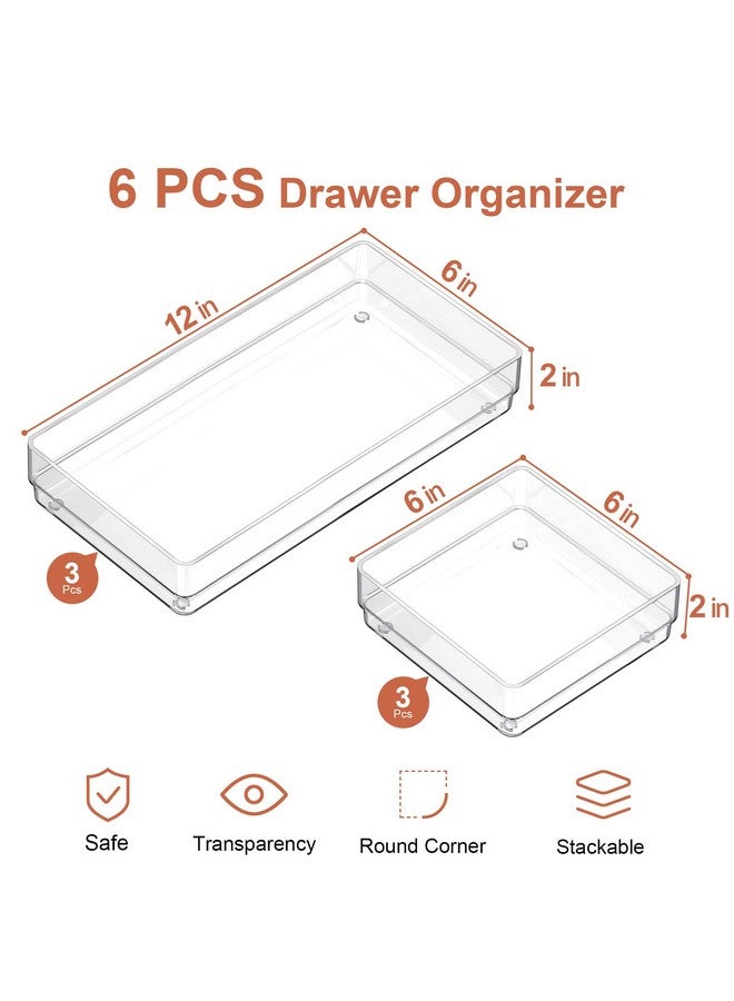SMARTAKE 6 PCS Clear Plastic Drawer Organizers Set, Large Size Non-Slip Desk Drawer Organizer, 2-Size Versatile Bathroom and Vanity Drawer Organizer Trays for Makeup, Bedroom, Office, Kitchen Utensils - Image 2