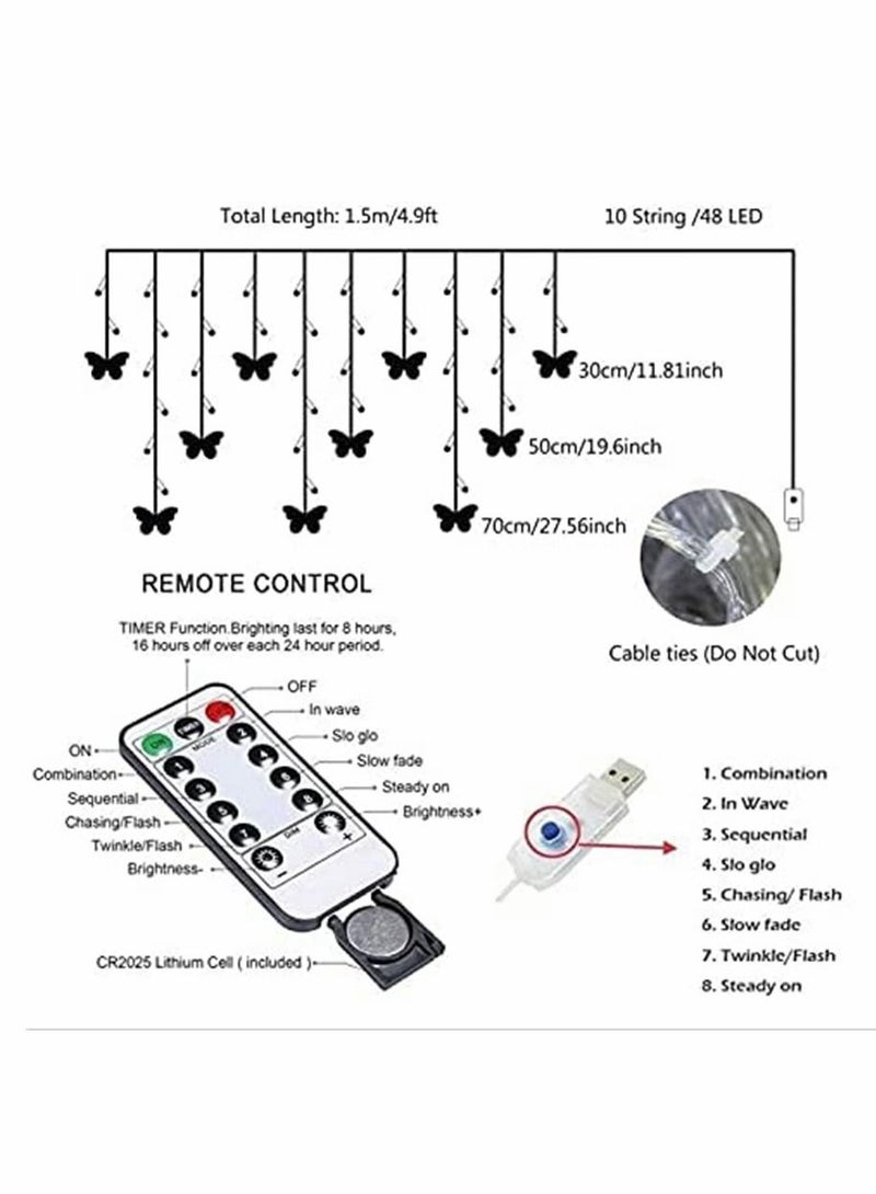 SYOSI Butterfly Curtain Lights, 8 Modes 48LED Twinkle String Light with Remote 4.9FT USB Powered Window Fairy Light, Decorative Lights for Bedroom, Party, Wedding, Holiday, Christmas (Multi-Colored) - Image 2