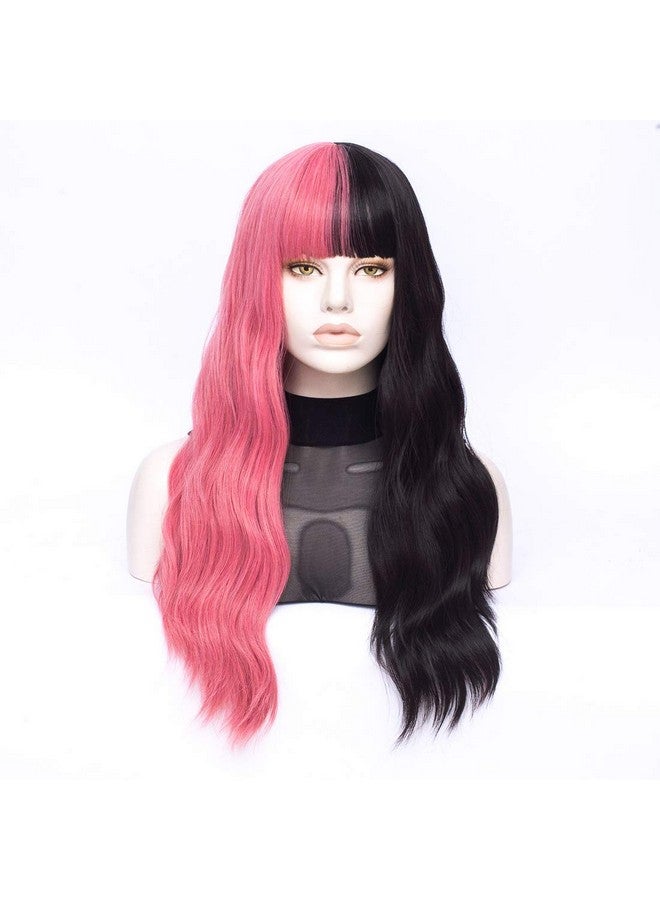 MORTICIA Long Loose Wavy Half Pink And Half Black Full Bang Melanie Martinez Wig - Image 1
