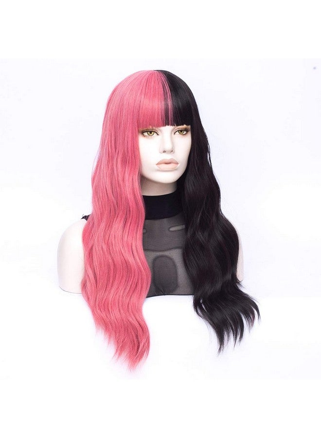 MORTICIA Long Loose Wavy Half Pink And Half Black Full Bang Melanie Martinez Wig - Image 4