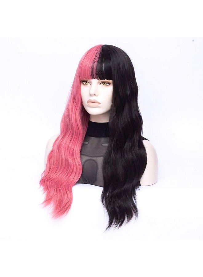 MORTICIA Long Loose Wavy Half Pink And Half Black Full Bang Melanie Martinez Wig - Image 5