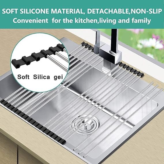 Gyanadh Kitchen Sink Dish Rack RollUp Dish Over The Sink Grey Strainer Folding for Utensils Fruits Vegetables Multipurpose Dish Drying Drainer Adjustable Rack for Washing Dishes Stainless Steel - Image 3