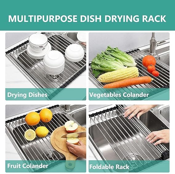 Gyanadh Kitchen Sink Dish Rack RollUp Dish Over The Sink Grey Strainer Folding for Utensils Fruits Vegetables Multipurpose Dish Drying Drainer Adjustable Rack for Washing Dishes Stainless Steel - Image 4