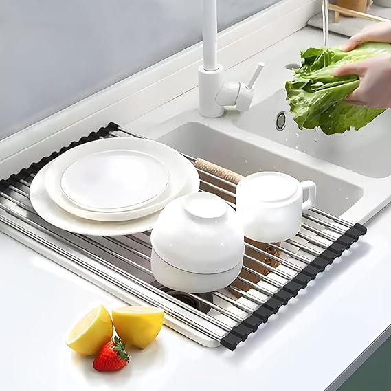 Gyanadh Kitchen Sink Dish Rack RollUp Dish Over The Sink Grey Strainer Folding for Utensils Fruits Vegetables Multipurpose Dish Drying Drainer Adjustable Rack for Washing Dishes Stainless Steel - Image 5