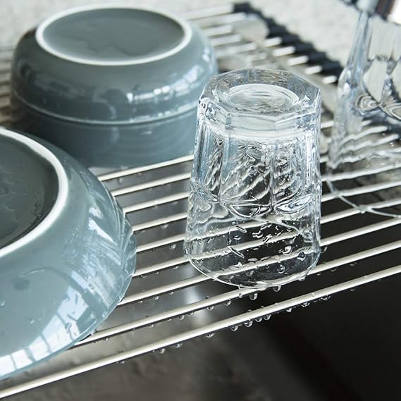 Gyanadh Kitchen Sink Dish Rack RollUp Dish Over The Sink Grey Strainer Folding for Utensils Fruits Vegetables Multipurpose Dish Drying Drainer Adjustable Rack for Washing Dishes Stainless Steel - Image 2