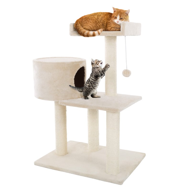 3Tier Cat Tower 2 Napping Perches Cat Condo 4 Sisal Rope Scratching Posts Hanging Toy Cat Tree for Indoor Cats and by PETMAKER Beige
