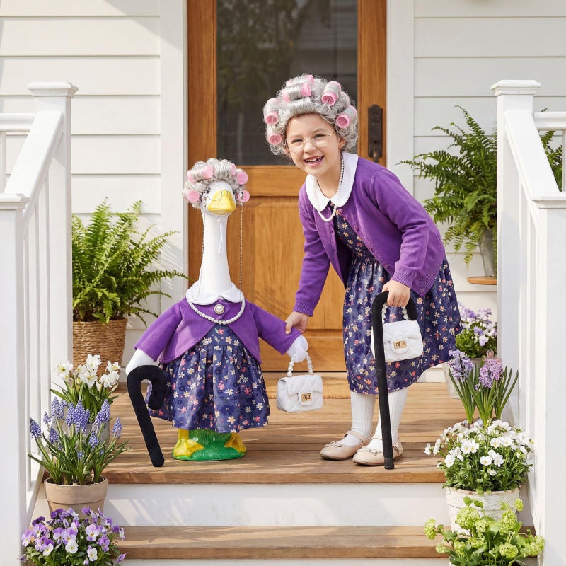 GJL Old Lady Porch Goose Outfits, Spring Summer Grandma Goose Clothes with Wig Glasses Pearl Necklace, Fits 23 Inch Cement Plastic Goose Statue for Outdoor Yard Garden Decor - Image 5