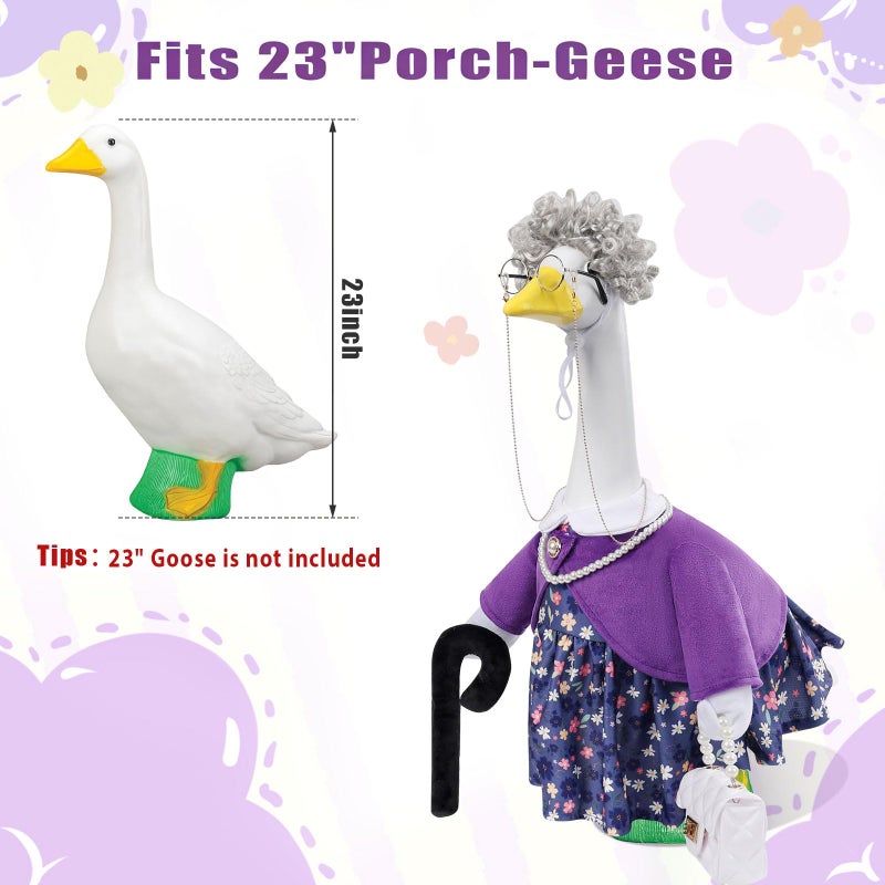 GJL Old Lady Porch Goose Outfits, Spring Summer Grandma Goose Clothes with Wig Glasses Pearl Necklace, Fits 23 Inch Cement Plastic Goose Statue for Outdoor Yard Garden Decor - Image 2