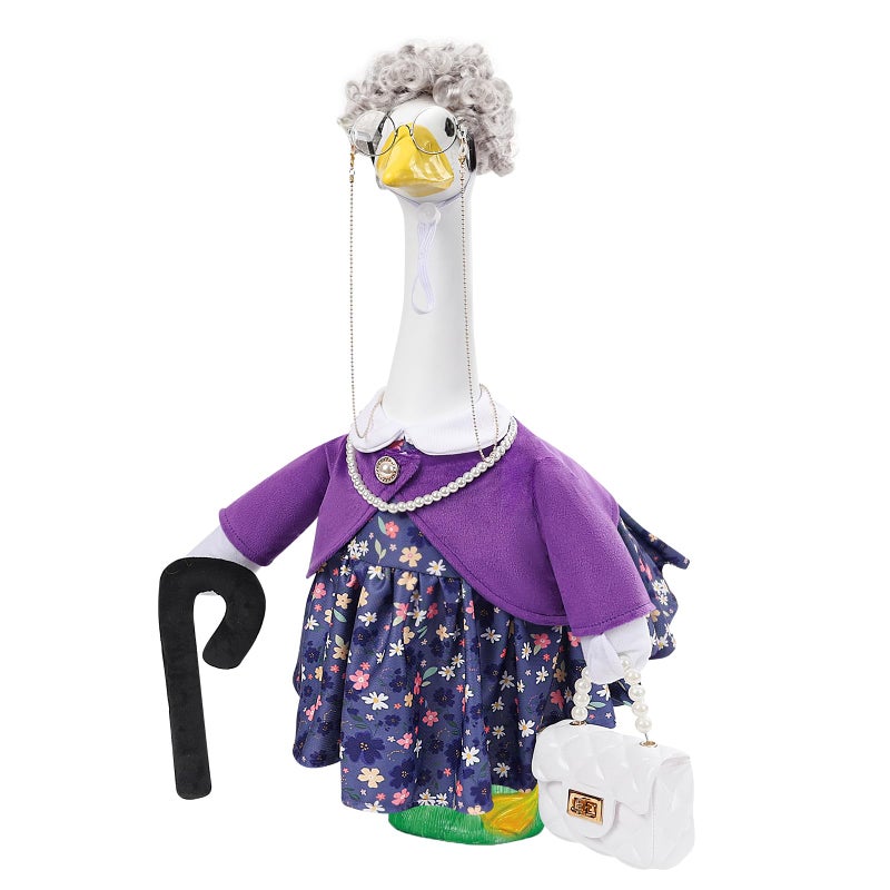 GJL Old Lady Porch Goose Outfits, Spring Summer Grandma Goose Clothes with Wig Glasses Pearl Necklace, Fits 23 Inch Cement Plastic Goose Statue for Outdoor Yard Garden Decor - Image 1