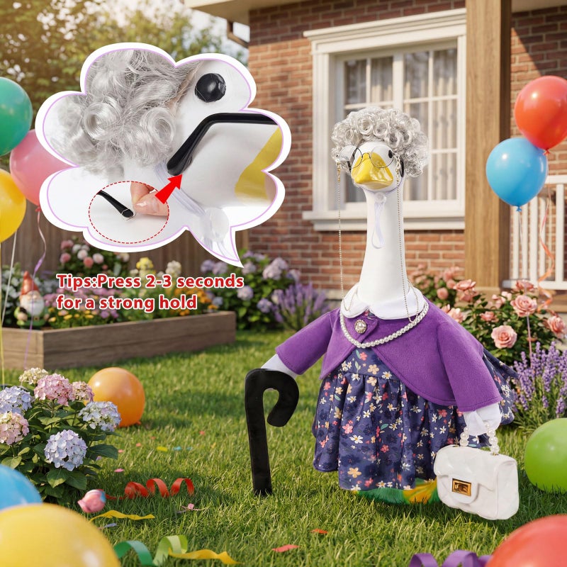 GJL Old Lady Porch Goose Outfits, Spring Summer Grandma Goose Clothes with Wig Glasses Pearl Necklace, Fits 23 Inch Cement Plastic Goose Statue for Outdoor Yard Garden Decor - Image 4