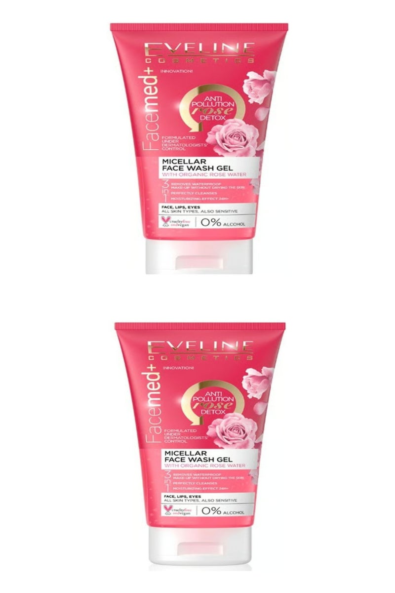 Eveline Cosmetics FaceMed+ Micellar Face Wash Gel with Organic Rose Water 2*150ml   (pack of 2) - Image 1