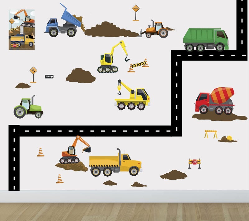 Create-A-Mural Construction Trucks Wall Decals Boys Wall Stickers  Tractor Vehicles Street Construction Theme Room Vinyl Peel & Stick Bedroom Decor Toddlers Playroom Decoration Birthday Gift (Construction Trucks) - Image 3