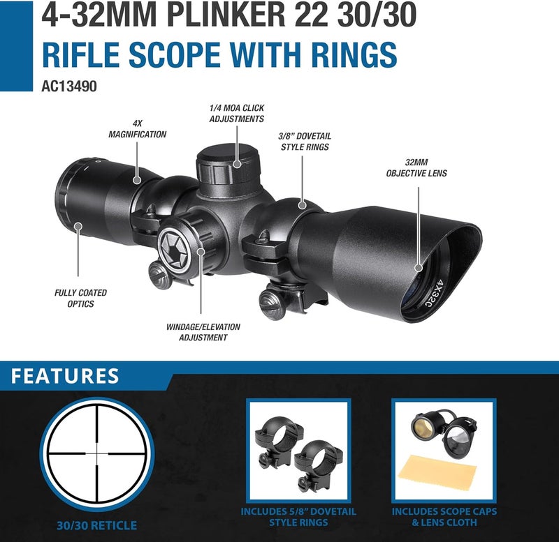 BARSKA 30/30 Crosshair Reticle Rifle Scope for .22 Plinking & Rimfire Rifles - Optimal Precision with Rings for Shooting, Hunting, Target Practice - Image 2