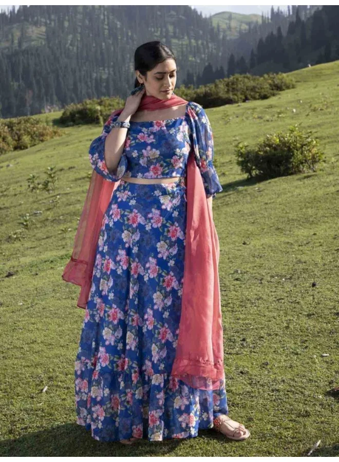 أيه كيه إس Navy Blue Floral Lehenga Choli with Dupatta