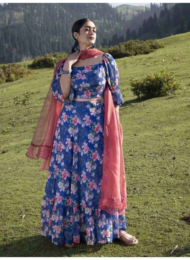 أيه كيه إس Navy Blue Floral Lehenga Choli with Dupatta