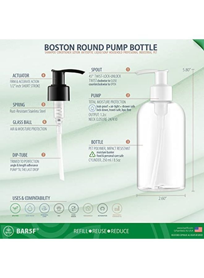 Bar5F Plastic Bottles With Pump Dispenser, 8 Oz | Leak Proof, Empty, Clear Refillable, Bpa Free For Body Wash, Moisturizer, Face Cream, Liquid Soap | Black & White Pumping Caps | Set Of 2 - Image 2