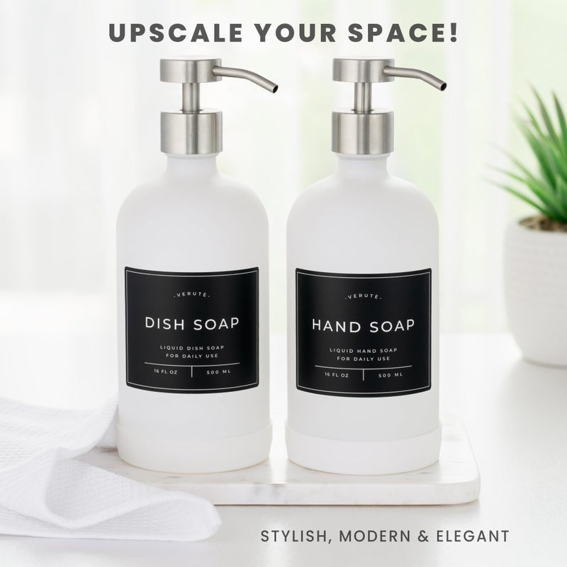 Verute Hand and Dish Soap Dispenser for Kitchen and Bathroom, Set of 2 16 Oz Glass Bottles, Stainless Steel Pumps, Non-Slip Silicone Base, 27 Waterproof Labels (Matte White Bottle/Brushed Silver Pump) - Image 3