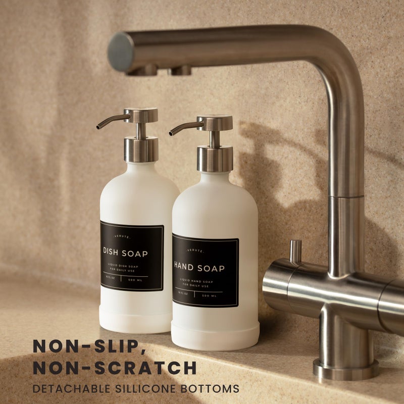 Verute Hand and Dish Soap Dispenser for Kitchen and Bathroom, Set of 2 16 Oz Glass Bottles, Stainless Steel Pumps, Non-Slip Silicone Base, 27 Waterproof Labels (Matte White Bottle/Brushed Silver Pump) - Image 2