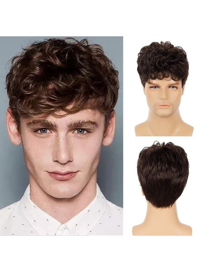 Swiking Men Brown Short Wigs Curly Fluffy Natural Synthetic Hair With Bangs Daily Full Wig For Male Guy - Image 1