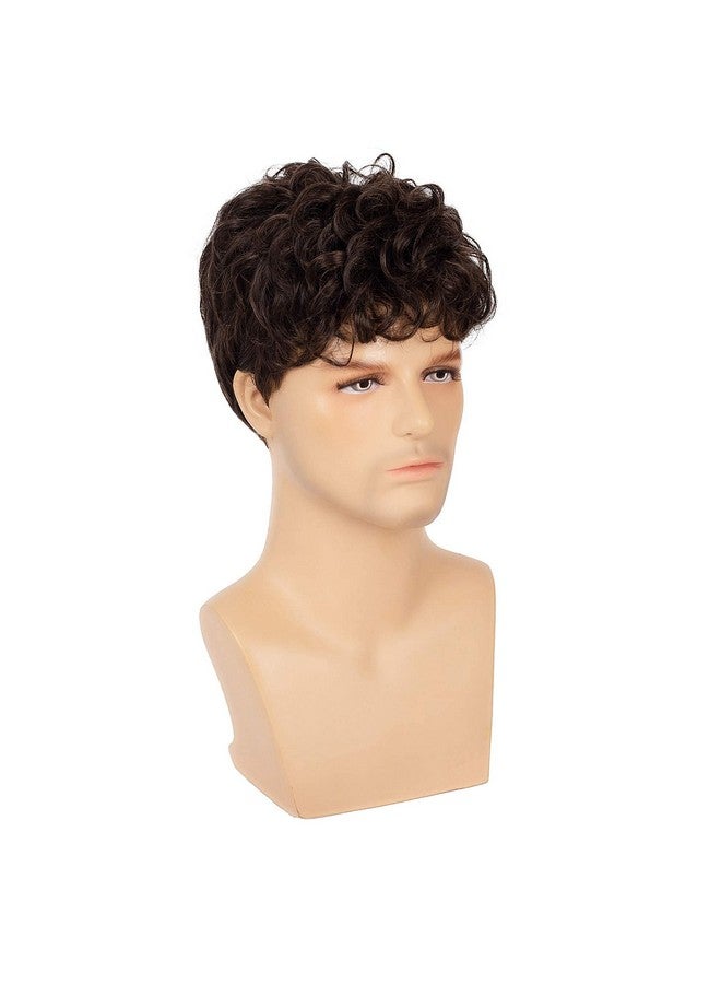 Swiking Men Brown Short Wigs Curly Fluffy Natural Synthetic Hair With Bangs Daily Full Wig For Male Guy - Image 5