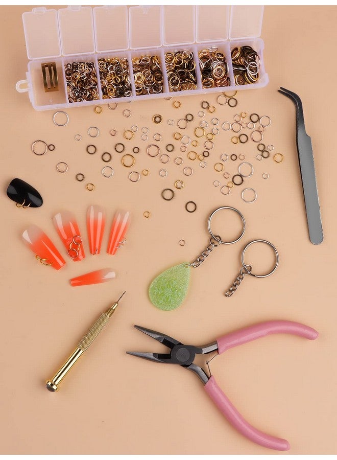 TOROKOM 1014 Pcs Nail Art Dangle Charms Piercing Tool Hand Drill Torokom 6 Sizes 4 Colors Open Jump Rings For Jewelry Making With Jump Ring Opener Nail Charms Nail Jewelry Rings With Pliers And Tweezers - Image 5